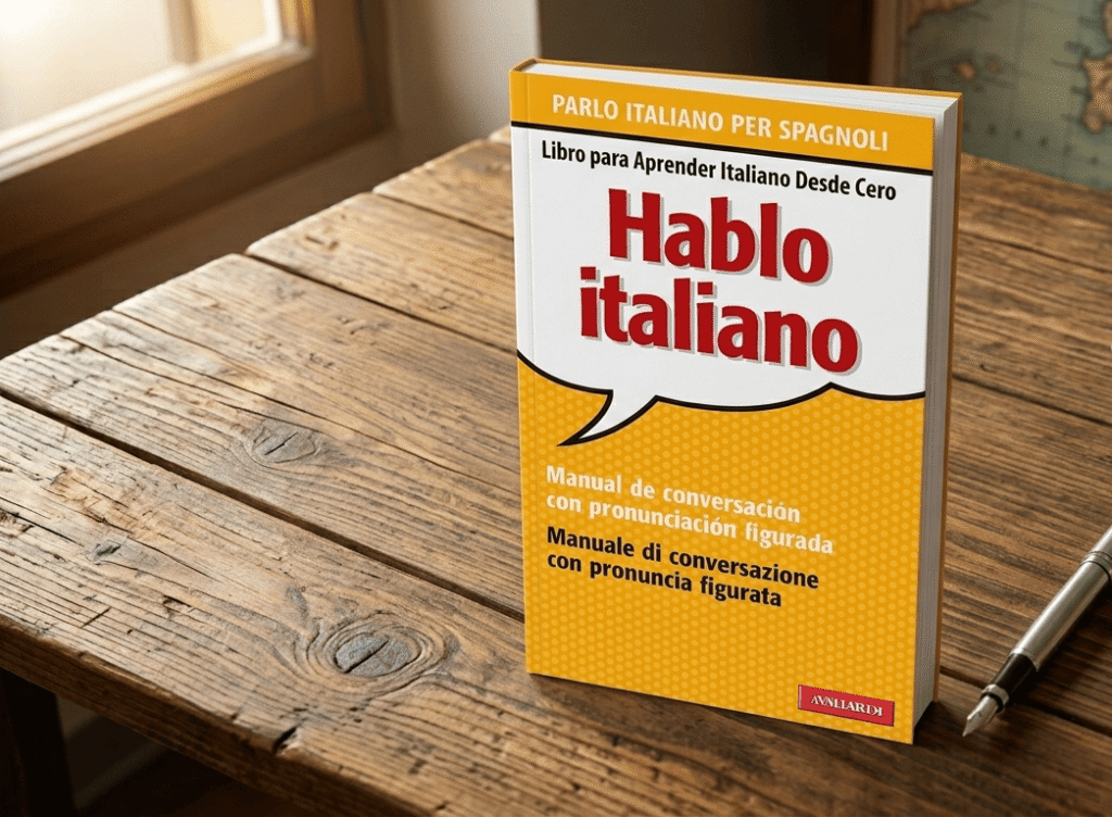 Libro de aprendizaje de italiano para hispanohablantes titulado 'Hablo italiano' sobre una mesa de madera rústica, junto a una pluma estilográfica de plata y billetes de euro, con un mapa de Italia al fondo.