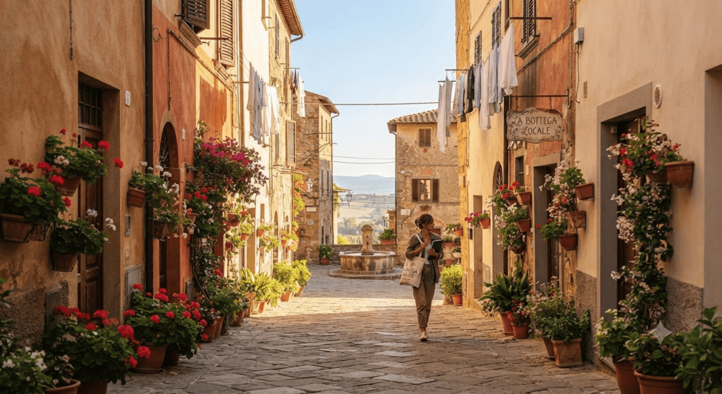 Calle típica adoquinada de un pueblo italiano en la Toscana con flores y ropa tendida bajo el sol, representando la vida cotidiana en Italia.