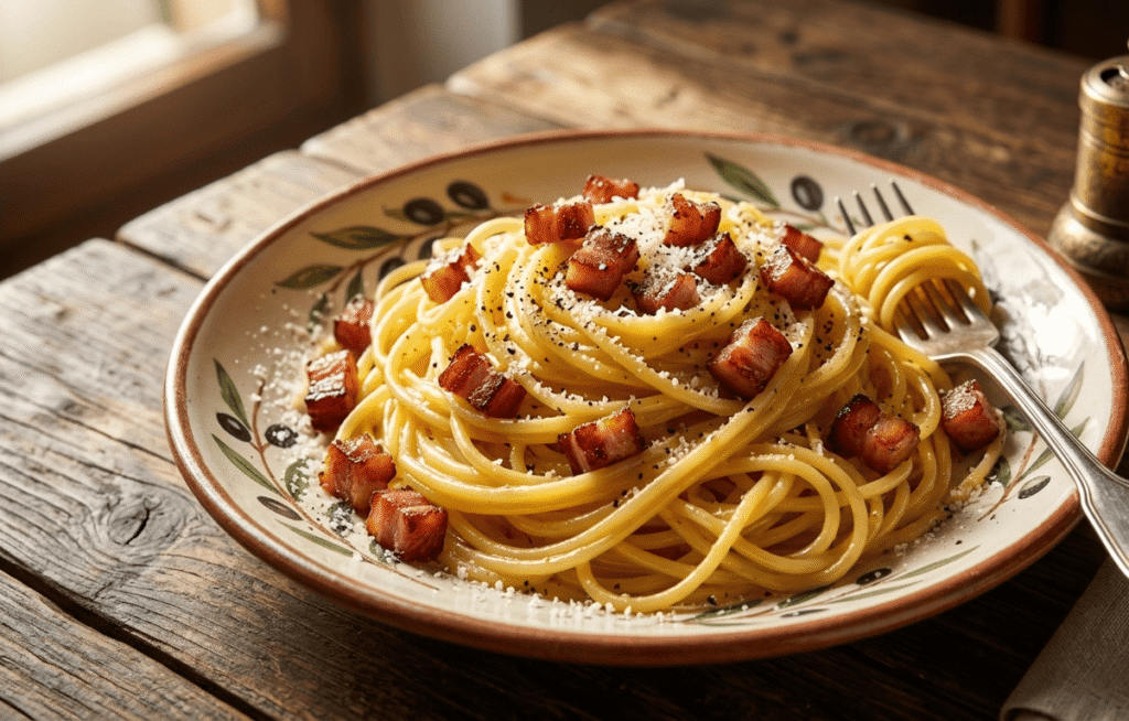 Plato rústico de espaguetis a la carbonara tradicional con guanciale crujiente, queso pecorino romano y pimienta negra recién molida.