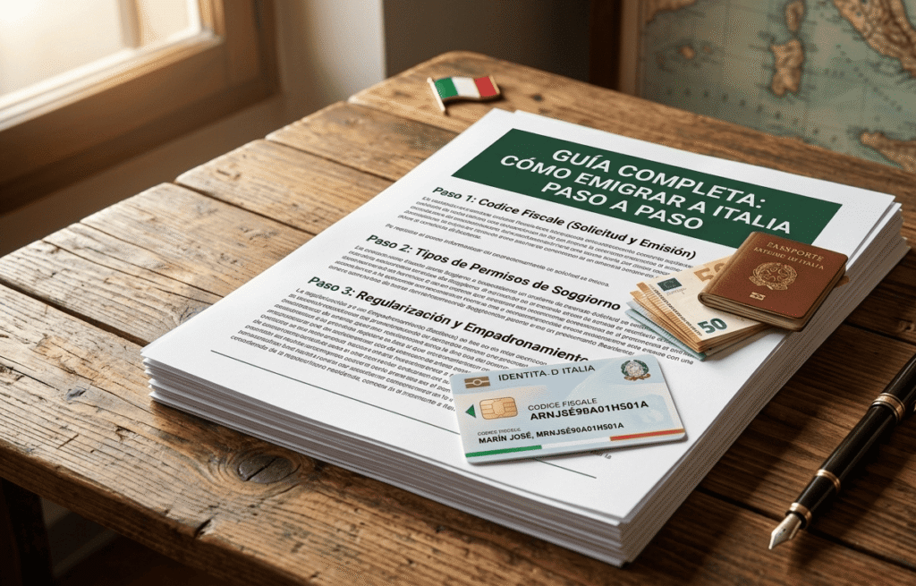 Guía impresa sobre cómo emigrar a Italia paso a paso, tarjeta de Codice Fiscale italiano, pasaporte y billetes de euro sobre una mesa de madera.