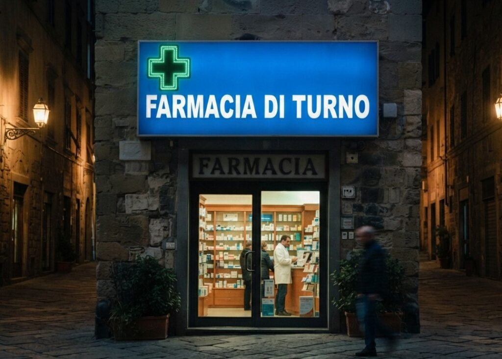 Cartel luminoso de una farmacia de guardia en Italia abierta por la noche.
