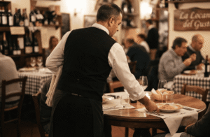Un camarero de mediana edad, visto desde la espalda y vistiendo un chaleco negro y una camisa blanca, coloca un plato de pasta frente a un comensal en una trattoria italiana tradicional. El fondo muestra el ambiente cálido y concurrido del restaurante, con botellas de vino en una Trattoria Italiana