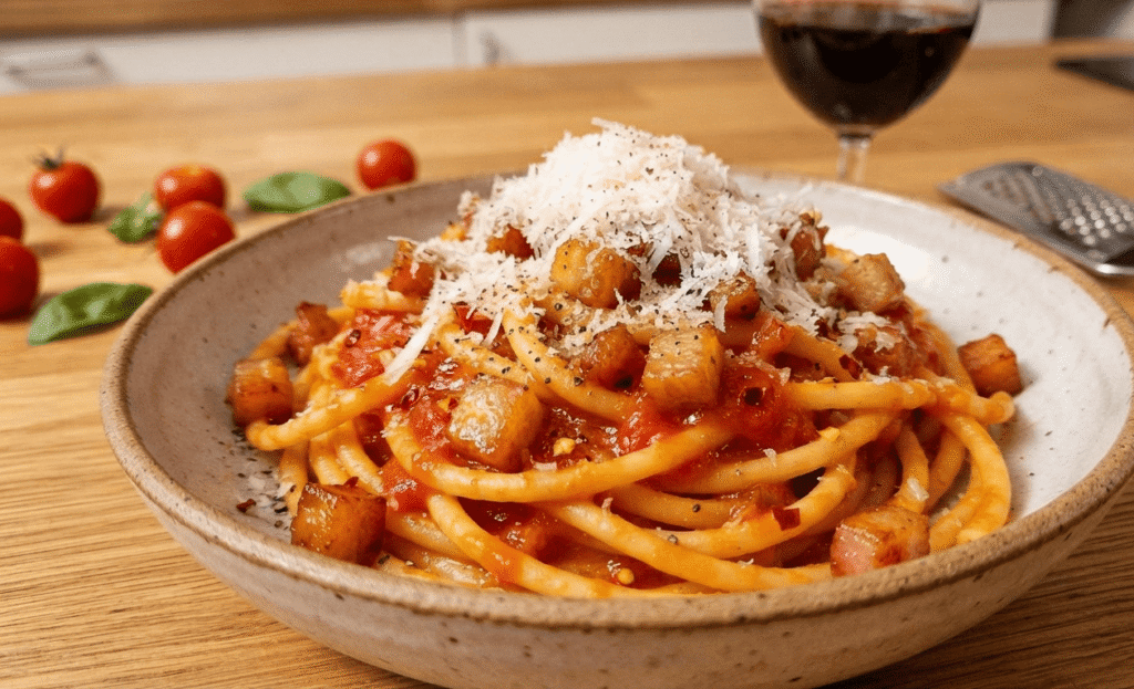 Plato de pasta alla amatriciana tradicional con bucatini, guanciale crujiente y queso pecorino rallado en una mesa de madera. (Es clave para el SEO e incluye las palabras clave principales sin saturar).