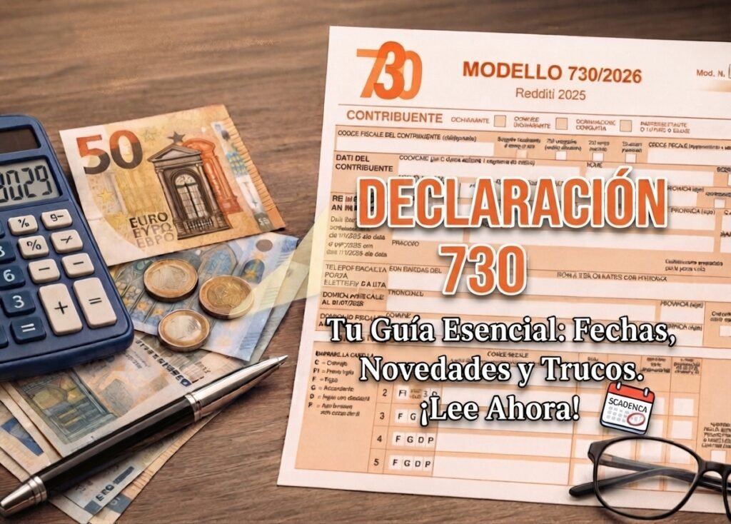 Formulario del Modelo 730 en Italia junto a una calculadora, billetes de euro, monedas, un bolígrafo y gafas, listo para la declaración de la renta.