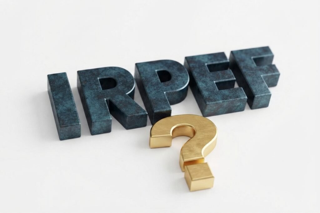 Letras en 3D con la palabra IRPEF en tono oscuro y un signo de interrogación dorado en primer plano sobre fondo blanco.
