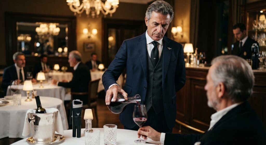 Propina en Italia: Un camarero elegantemente vestido con traje y chaleco sirve vino tinto desde un decantador en la copa de un cliente dentro de un restaurante clásico y sofisticado.