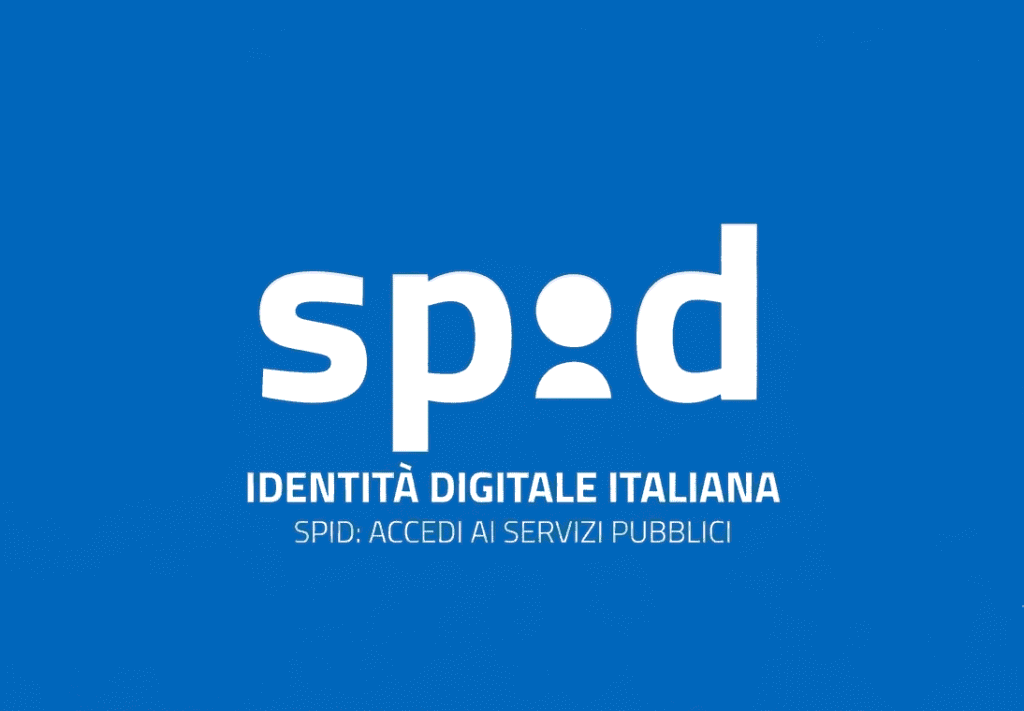 Imagen con el logotipo oficial de SPID (Sistema Pubblico di Identità Digitale) en color blanco sobre un fondo azul corporativo, acompañada de los textos descriptivos "IDENTITÀ DIGITALE ITALIANA" y "SPID: ACCEDI AI SERVIZI PUBBLICI".