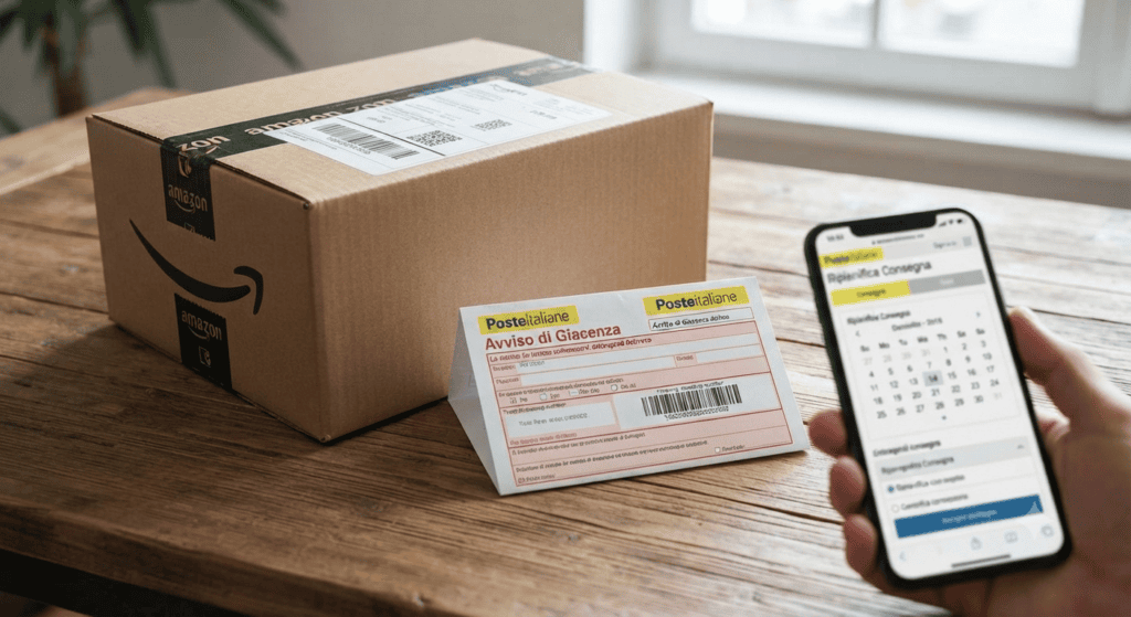 Paquete de Amazon junto a un aviso de giacenza de Poste Italiane y un teléfono móvil reprogramando la entrega.