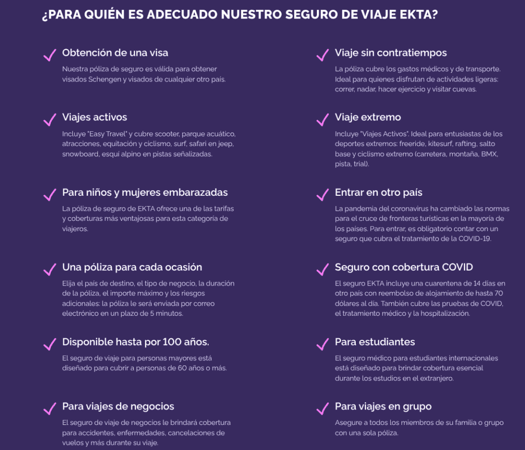 Seguro medico Ekta , ¿PARA QUIÉN ES ADECUADO NUESTRO SEGURO DE VIAJE EKTA? www.planoverricale.com