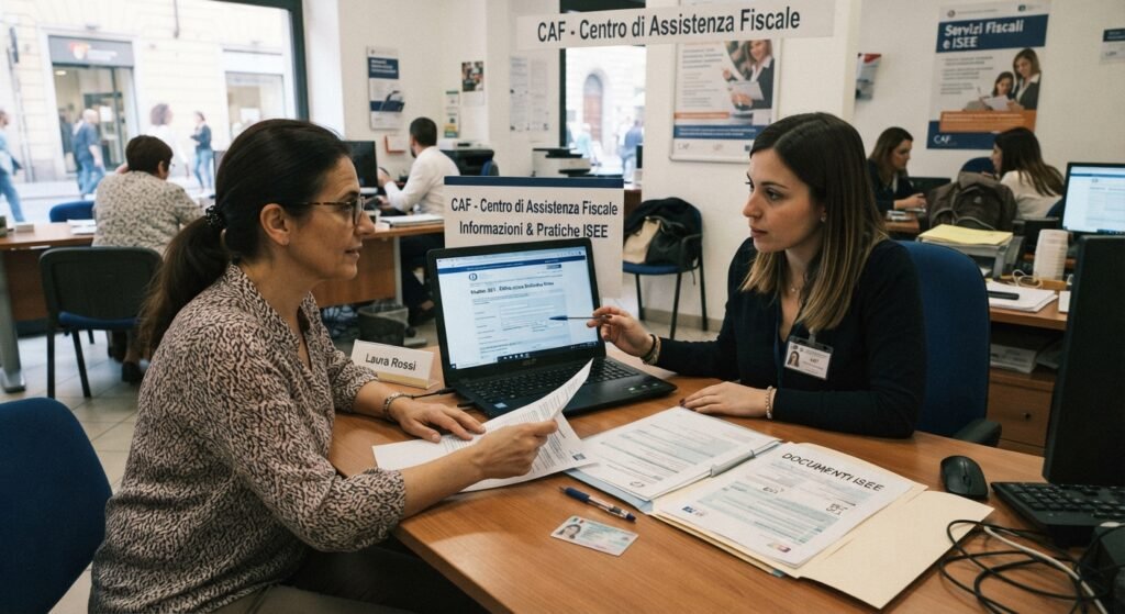 isee: Qué es, requisitos y cómo calcularlo en Italia, persona solicitando asistencia a un caf para solicitar ISEE en Italia
