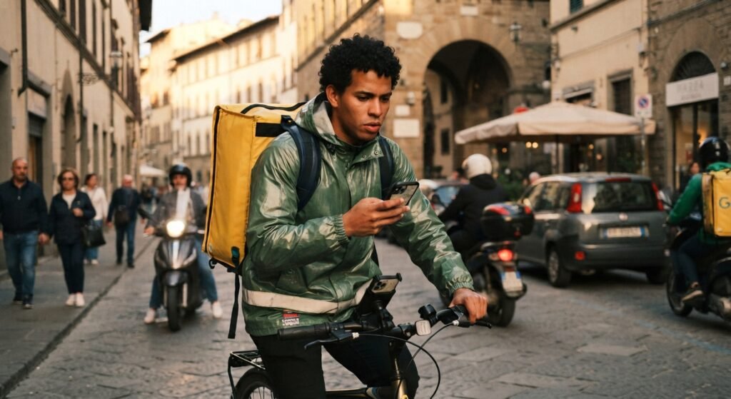 Un repartidor en bicicleta, con una mochila térmica amarilla y una chaqueta verde brillante, consulta su teléfono móvil mientras circula por una calle adoquinada de una ciudad europea, la opción más fácil para trabajar como extranjero