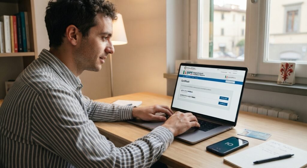 Ciudadano en Italia descargando certificados anagrafici de residencia y estado de familia online en la plataforma ANPR.