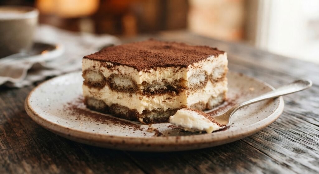 Un plano medio en ángulo bajo y enfoque nítido de un trozo rectangular de tiramisu casero en un plato de cerámica moteado rústico. El tiramisu muestra tres capas distintas de bizcochos de soletilla empapados en café oscuro intercalados con una crema de mascarpone de color marfil pálido. La capa superior está generosamente espolvoreada con cacao en polvo fino. En la parte delantera del plato, el primer plano muestra una pequeña cucharada de la crema y el bizcocho que ha sido separada por un cuchillo de postre de plata vintage. El plato está sobre una mesa de madera oscura con una textura de veta visible. Al fondo, desenfocados, se ven una taza de café, una servilleta de lino y la luz natural suave de una ventana. La iluminación es lateral y cálida, resaltando las texturas del cacao, la crema y el bizcocho.