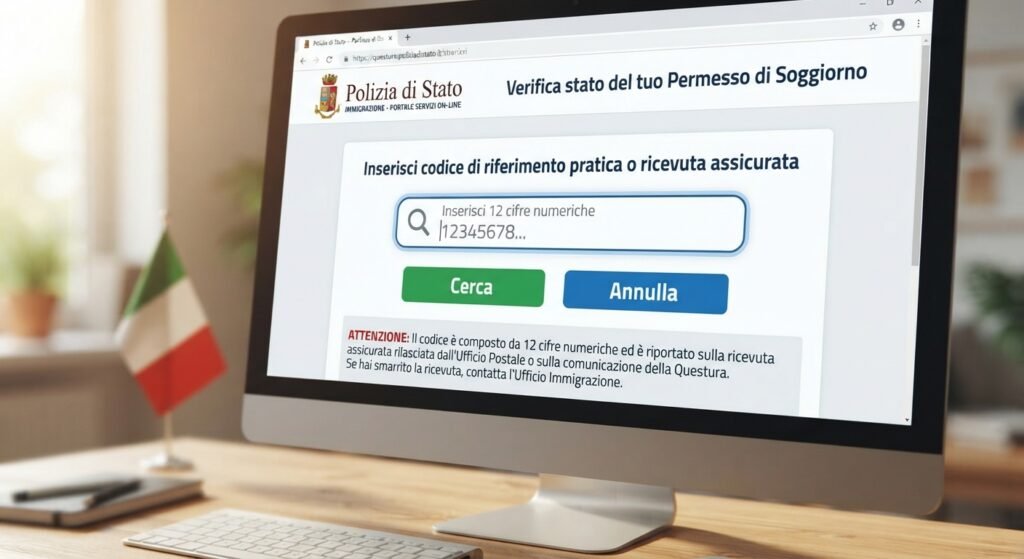 Vista del sistema oficial en línea de la Polizia di Stato para introducir el número de expediente o de la ricevuta asegurada.