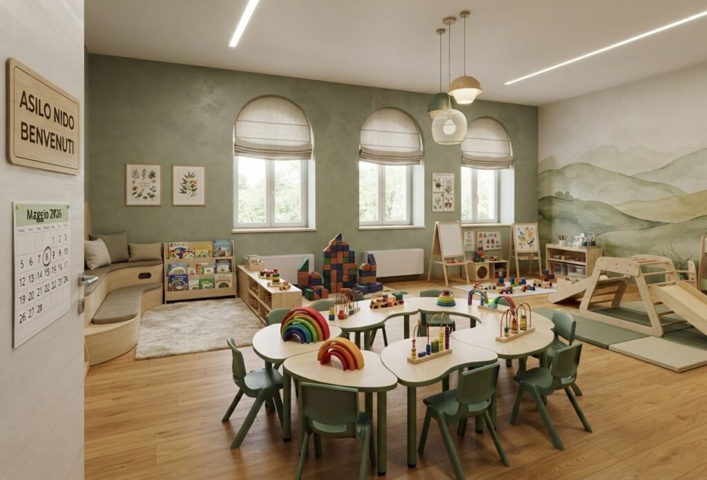 Aula moderna y luminosa de un asilo nido en Italia con mesas circulares, juguetes educativos de madera y decoración en tonos verdes, ideal para la primera infancia.