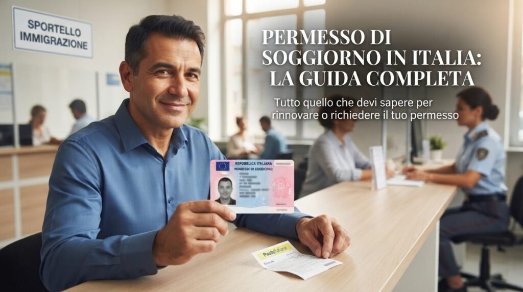 Un hombre de mediana edad, de piel aceitunada, con una camisa azul, sonríe a la cámara mientras está sentado en el mostrador de una oficina de inmigración italiana. En la parte superior izquierda, un cartel dice "SPORTELLO IMMIGRAZIONE" (Ventanilla de Inmigración). El hombre sostiene con orgullo un Permesso di Soggiorno (permiso de residencia) italiano de color rosa y azul, que muestra su foto y datos. En el mostrador, frente a él, hay un pequeño resguardo de "Poste Italiane". En el fondo, desenfocado, se ve a otras personas esperando y a un agente de policía uniformado sentado en otro mostrador. Un gran texto superpuesto en el lado derecho dice: "PERMESSO DI SOGGIORNO IN ITALIA: LA GUIDA COMPLETA. Tutto quello che devi sapere per rinnovare o richiedere il tuo permesso". La iluminación es suave y natural.