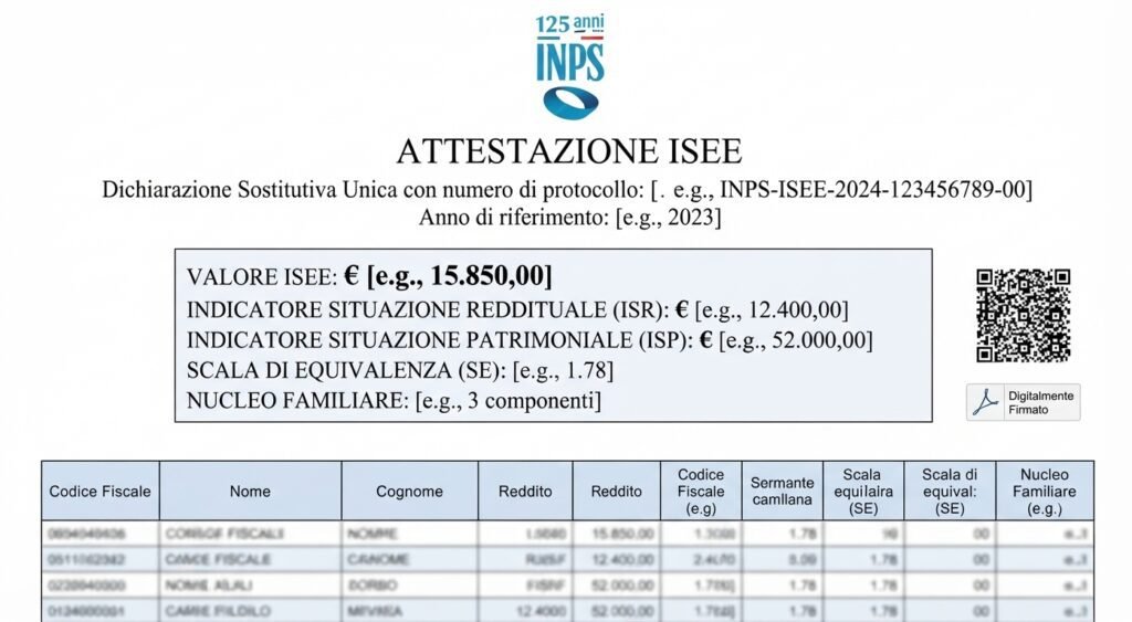 Una vista de primer plano y bien iluminada de un documento oficial italiano de "Attestazione ISEE", que incluye el logotipo del INPS y el texto detallado del certificado.