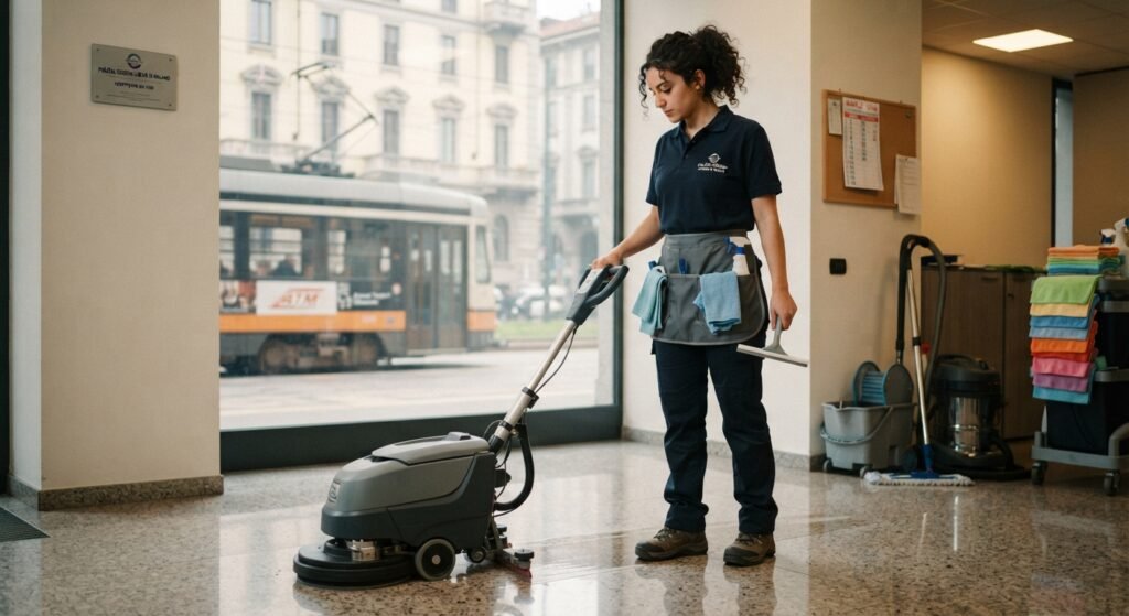 mujer realizando trabajo de limpieza en italia