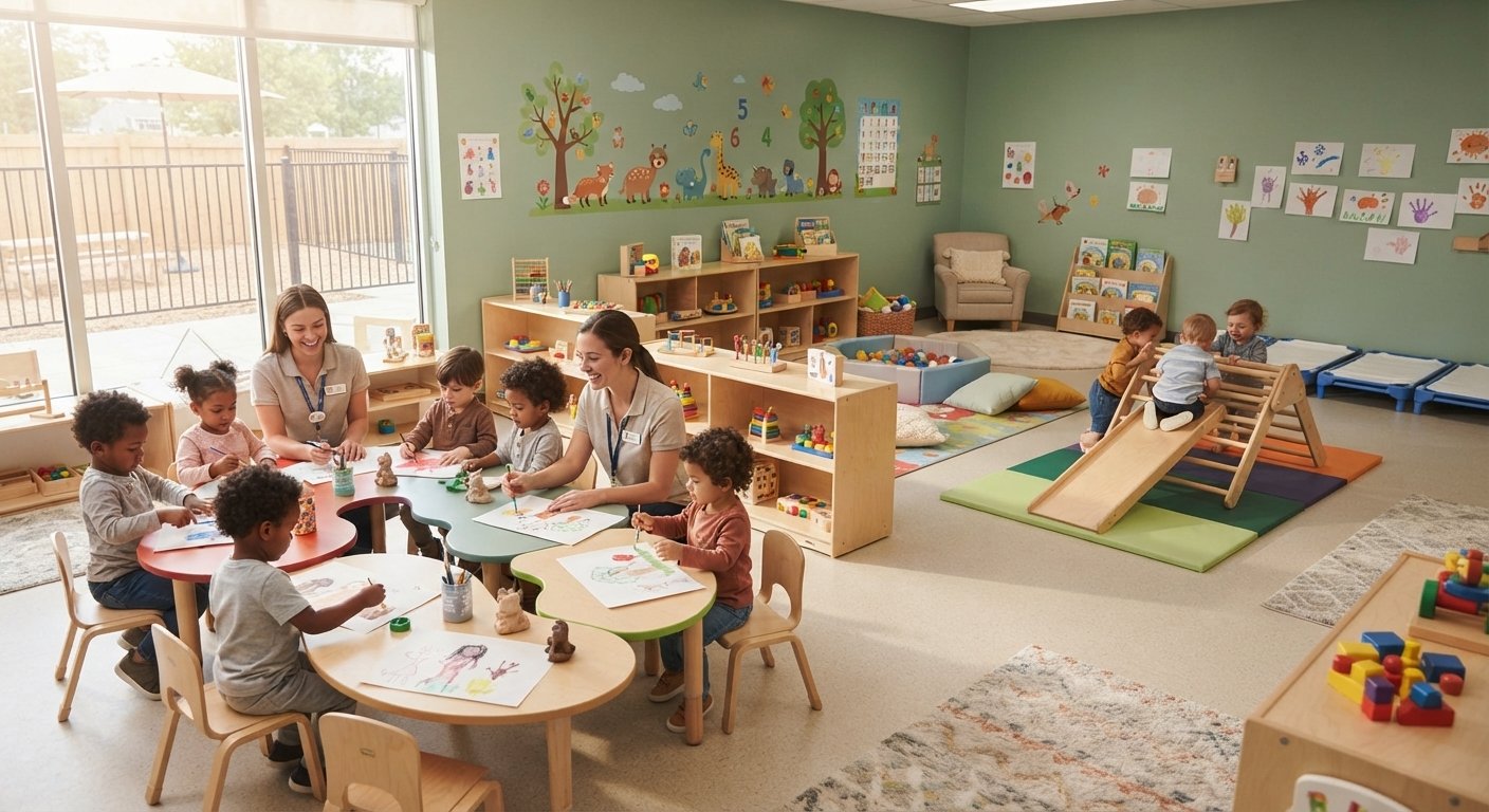 Solicitud plaza guardería Italia - Niños y educadoras en un asilo nido luminoso.